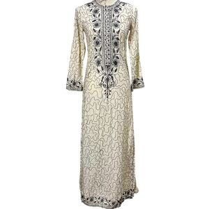 Vintage 1970s Geometric Embroidered Kaftan Maxi Dress Cream Black Womens Small